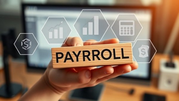 Hand holding payroll sign with financial service icons.