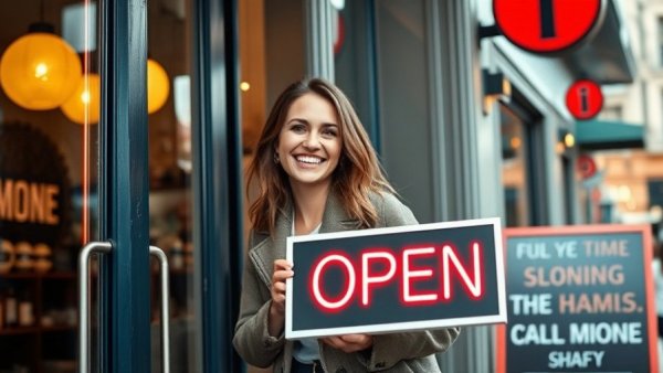 Promote your business on Small Business Saturday with a smiling shop owner opening her store.