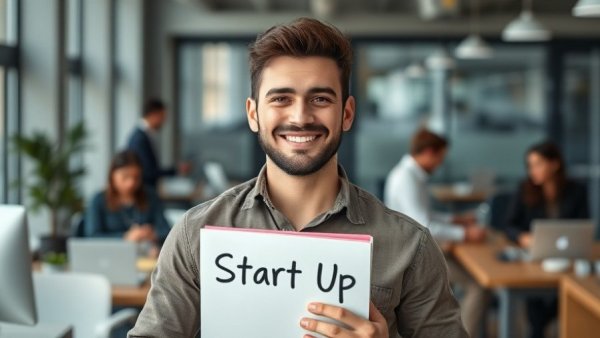 Aspiring entrepreneur showing 'Start Up' sign in office. Best business ideas for 2026.