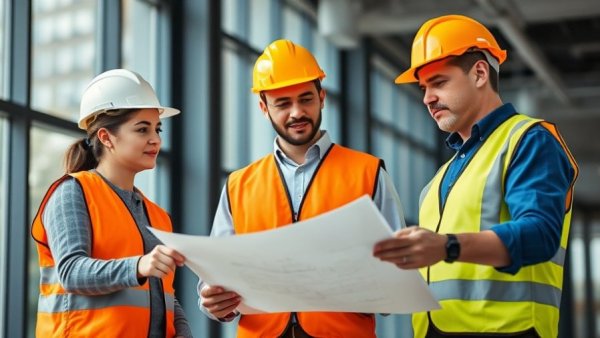 Professionals discussing building plans by large window on contractor safety regulations for SMEs.
