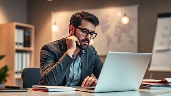 Man contemplating business strategy, laptop and whiteboard in office.