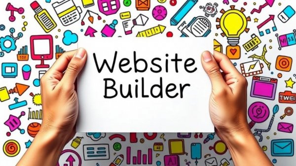 Vibrant illustration of 'Website Builder' paper surrounded by web doodles.