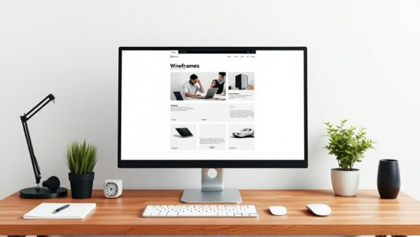 Modern workspace with computer showing website wireframe design.