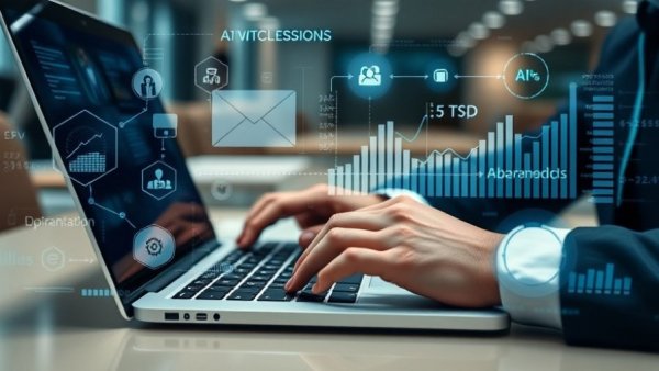 AI video tools for small businesses visualized with digital graphics over laptop.