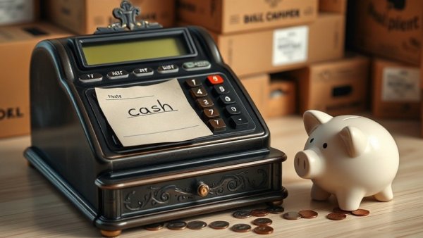 Opening a business bank account UK: cash register, piggy bank on wood.