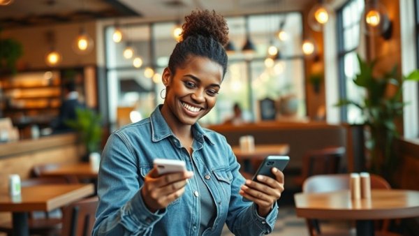 Person in cafe using phone for payment, best payment apps for small businesses.