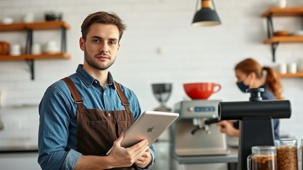 Young barista holding a tablet in a modern cafe setting.