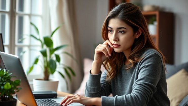 Young woman contemplating side hustles in a cozy home office.