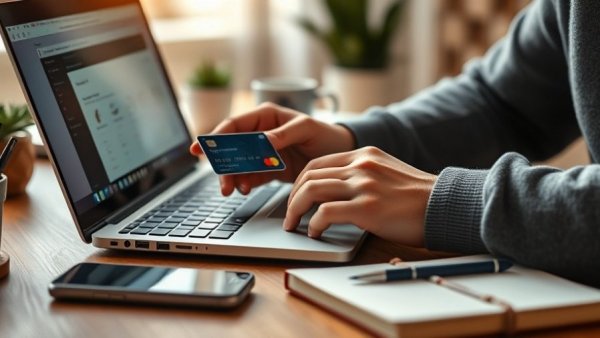 Online payment transaction with credit card and laptop for ecommerce businesses.