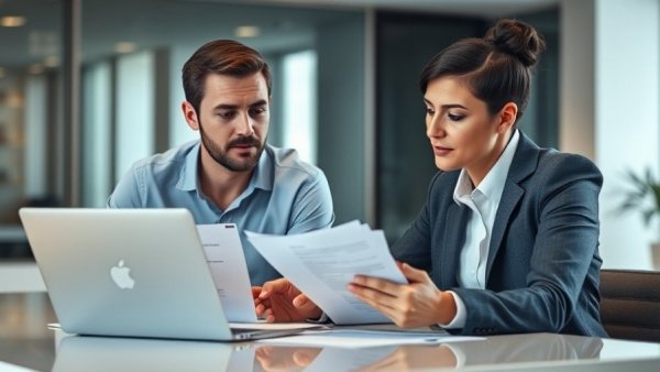 Business professionals reviewing financial documents in modern office.