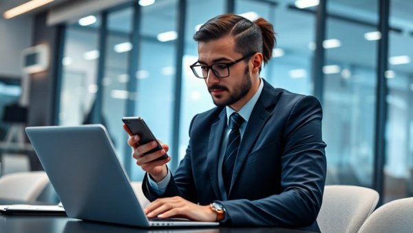 AI Answering Services for Small Businesses with a professional using tech tools.