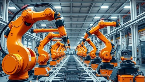Orange robotic arms in a factory showcasing machine vision for small manufacturers.