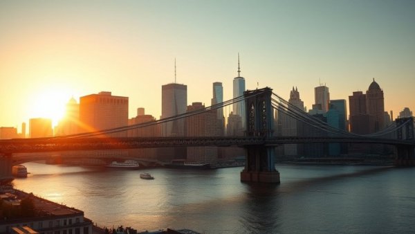 New York skyline during sunset with the Brooklyn Bridge and skyscrapers.