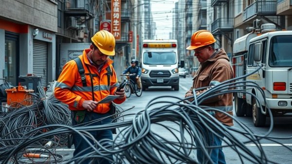 Utility workers attending to tangled power lines, illustrating workplace accidents and liability.