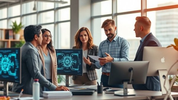 Professionals collaborating in tech office on AI skills training.