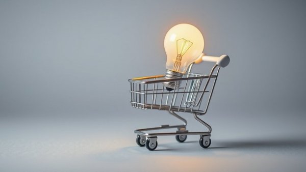 Mini shopping cart holding a glowing light bulb symbolizing best energy supplier for small business.
