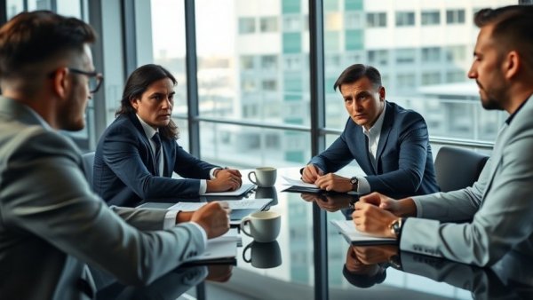 Professionals in a meeting discussing documents, highlighting client meeting mistakes for small businesses in an office setting.