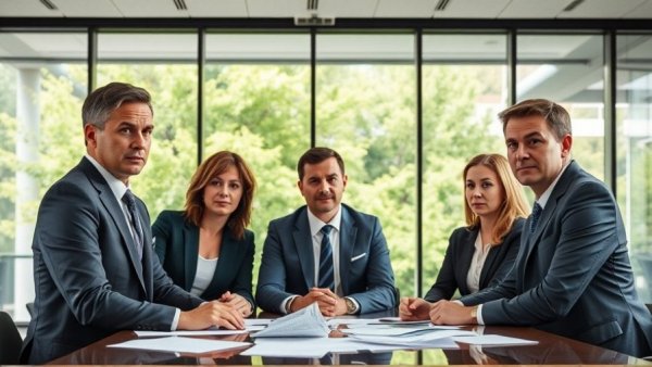 Business professionals in serious discussion during a meeting.