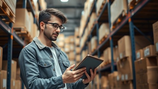 Young man using tablet for innovative inventory management in warehouse
