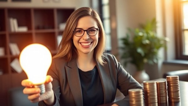 Businesswoman holding light bulb representing best business energy suppliers UK.
