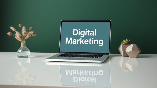 Modern desk setup featuring a laptop displaying digital marketing content.