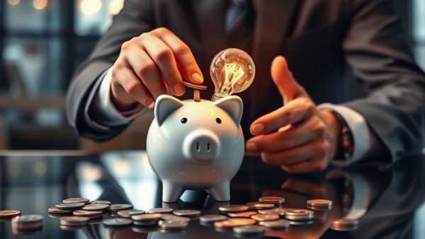 Businessperson adding coin to piggy bank with illuminated bulb.