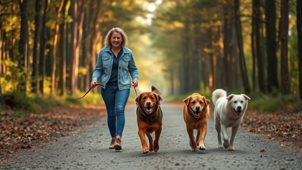 Man walking dogs in forest on a sunny day.