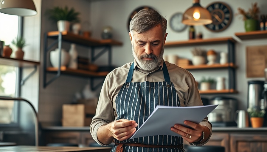 Middle-aged man reviews documents in cafe for government's Small Business Plan.