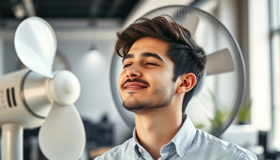 Relaxed man cooling off with fan in office, tips for staying cool.