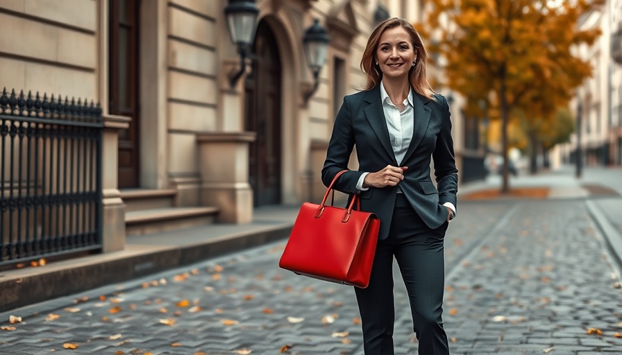 Professional woman holding red briefcase in urban autumn setting; Autumn Budget 2025 predictions.
