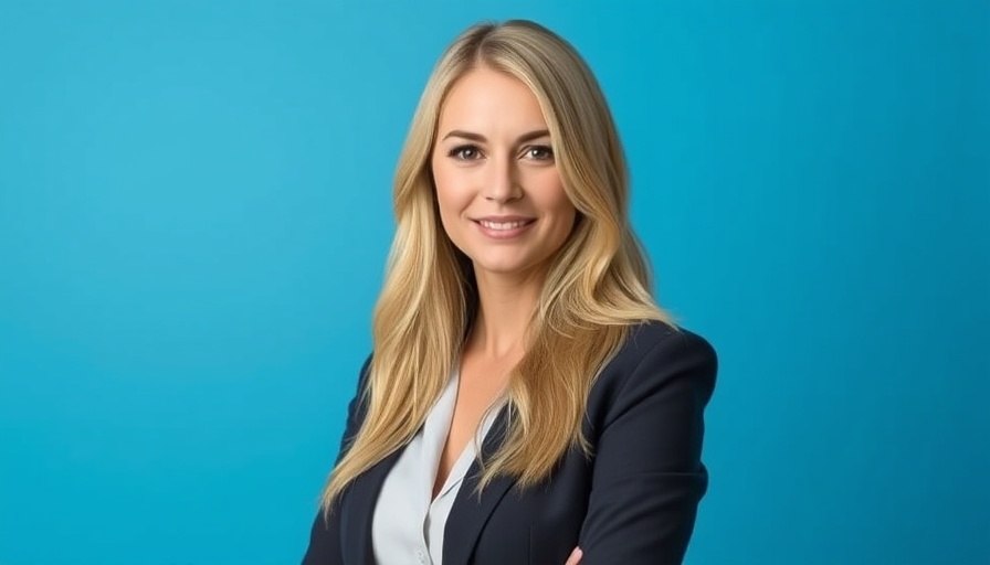 Professional portrait of businesswoman Marnie in a blazer on blue background.
