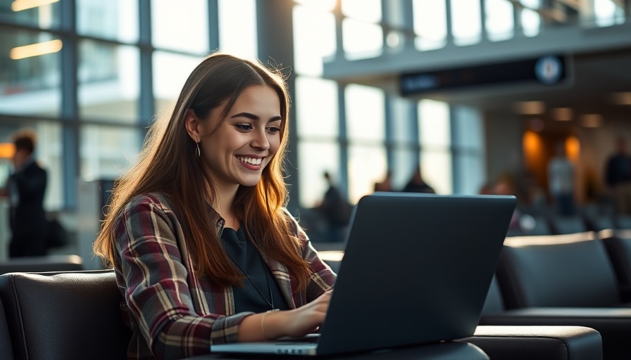 Amazon Ads for international expansion: Woman working on a laptop in an airport.