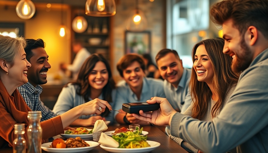 Friends using EPoS system in a restaurant with warm lighting.