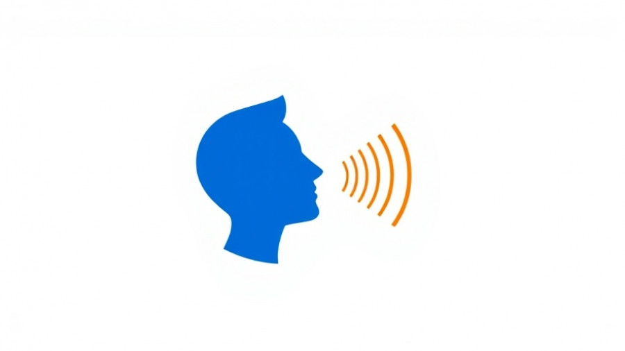 Blue silhouette speaking with orange sound waves on white.