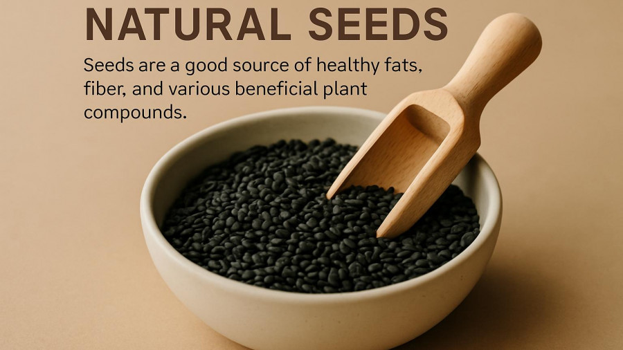 Bowl of black seeds with scoop highlighting natural seeds for vision.