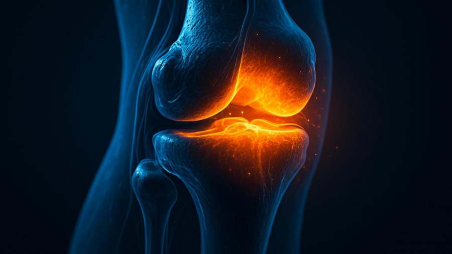 Illustrative knee joint showing arthritis pain and symptoms.