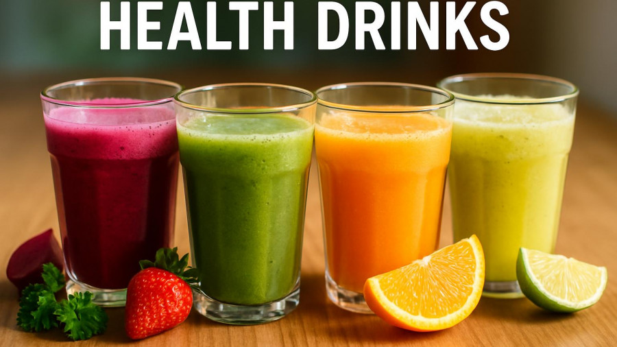 Colorful natural drinks for health over 60 in vibrant glasses.