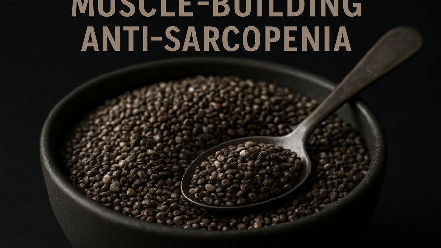 Bowl of chia seeds with spoon, highlights muscle-building benefits.