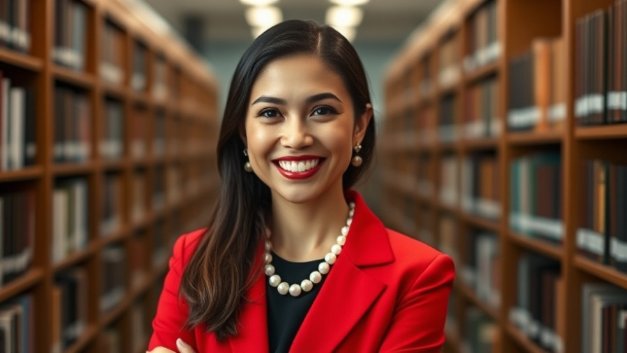 Confident woman in library with red blazer and pearls.