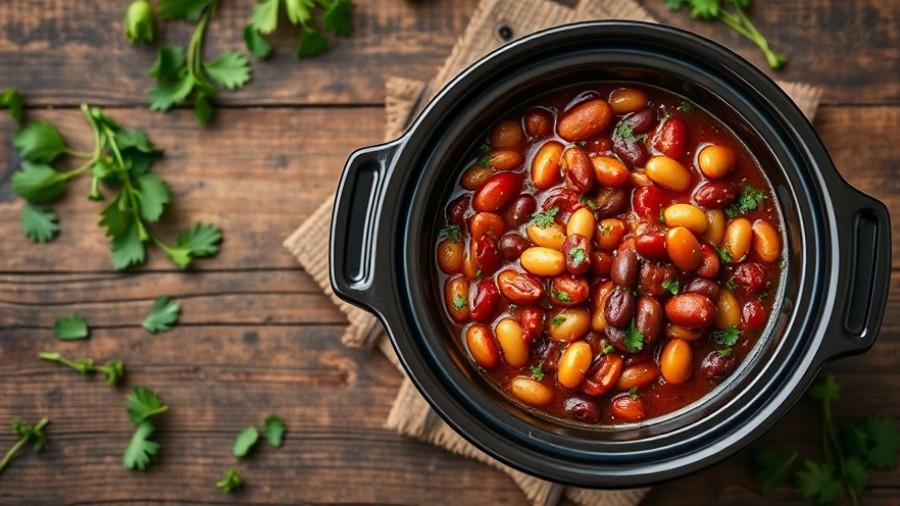 Delicious slow cooker three bean stew in white bowl with rustic backdrop.