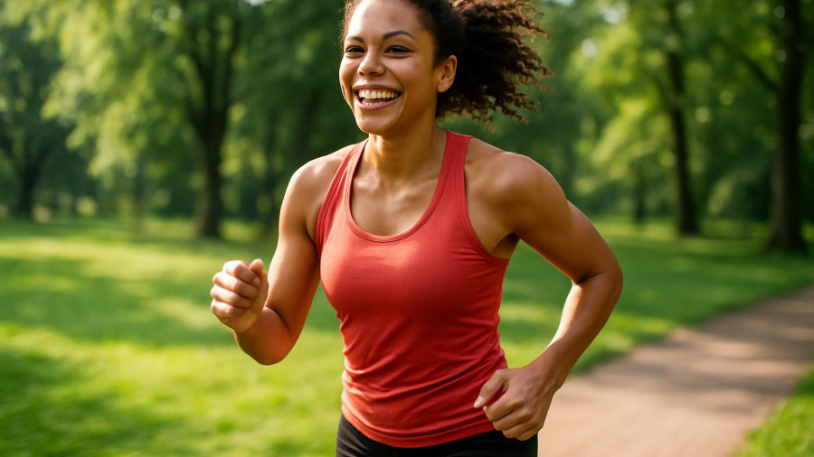 Interval Running Benefits: Woman running and smiling in a sunny park