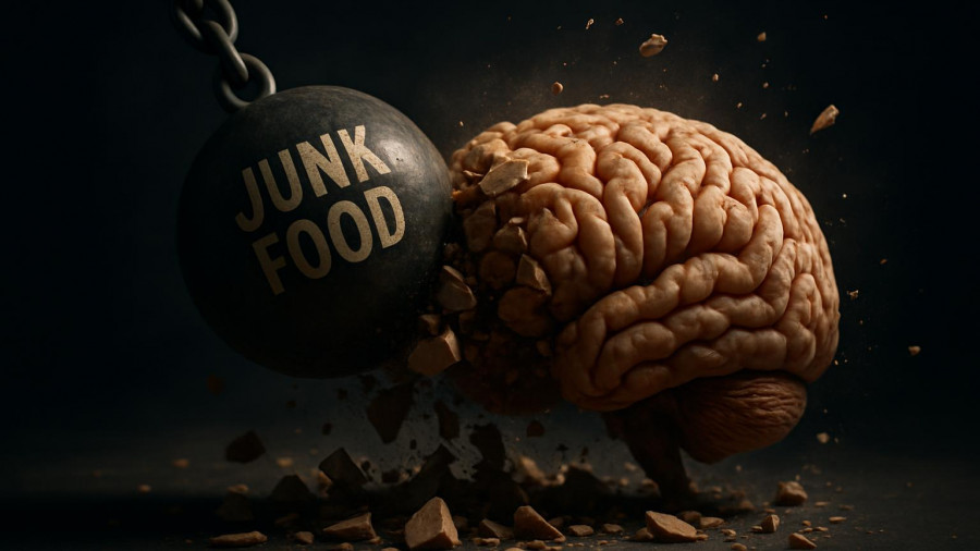 Human brain shattered by 'Junk Food' wrecking ball, dark background.