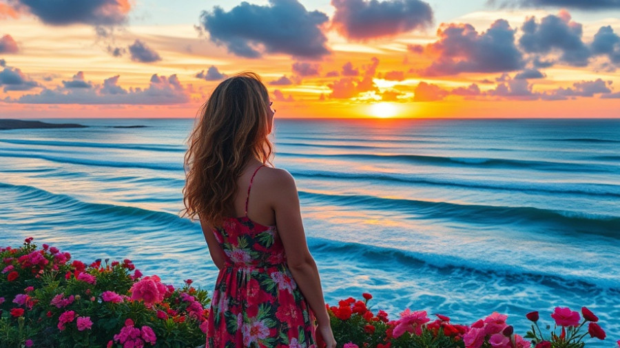 Woman by the ocean at sunset, embracing solitude.