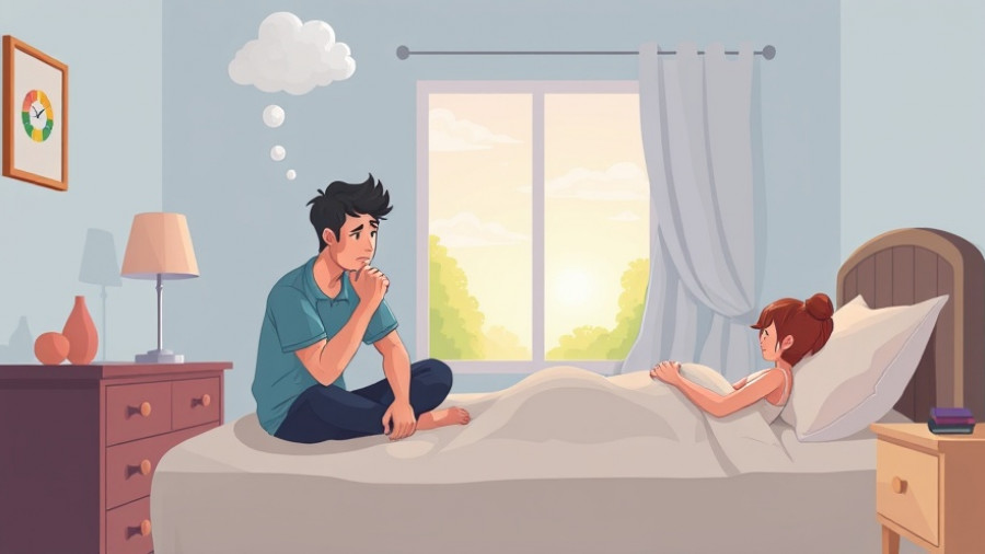 Illustration depicting how stress and anxiety affect male sexual performance, showing a worried man sitting on a bed.