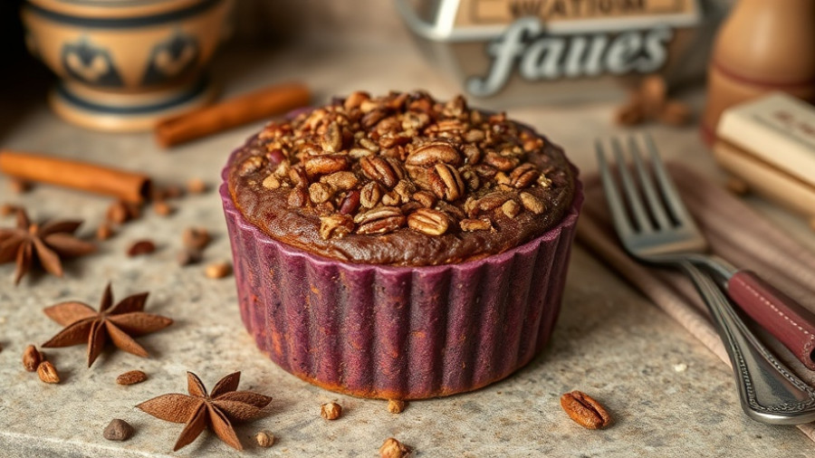Easy Purple Sweet Potato Soufflé in glass dish with pecans.