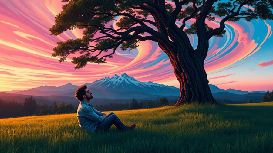 Serene landscape with man reflecting under a tree at sunset, transforming life by slowing down.