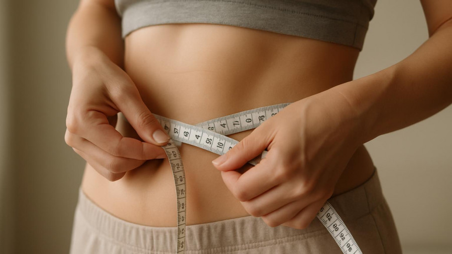 Person measuring waist with tape measure, indicating calorie absorption.