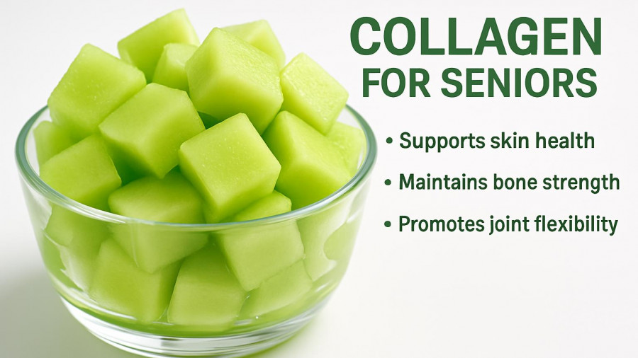 Collagen-rich diced melon snack for seniors in glass bowl.