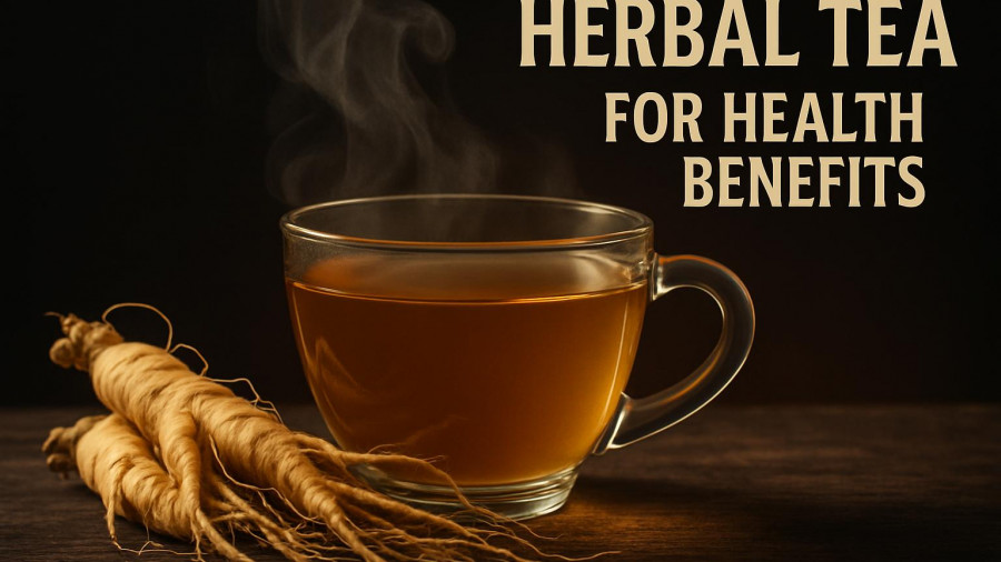 Herbal tea with ginseng roots for natural drink remedies for seniors.
