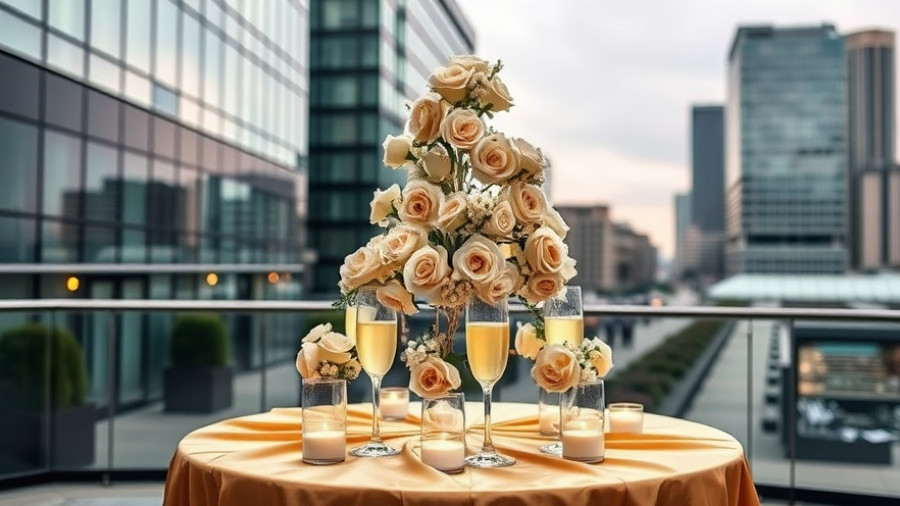 Champagne tower with roses at Atlantic Station 20th anniversary celebration.